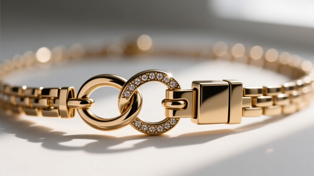 Close-up of a heavy statement necklace clasp showing a reinforced figure-8 safety catch and a secure box clasp in polished brass.
