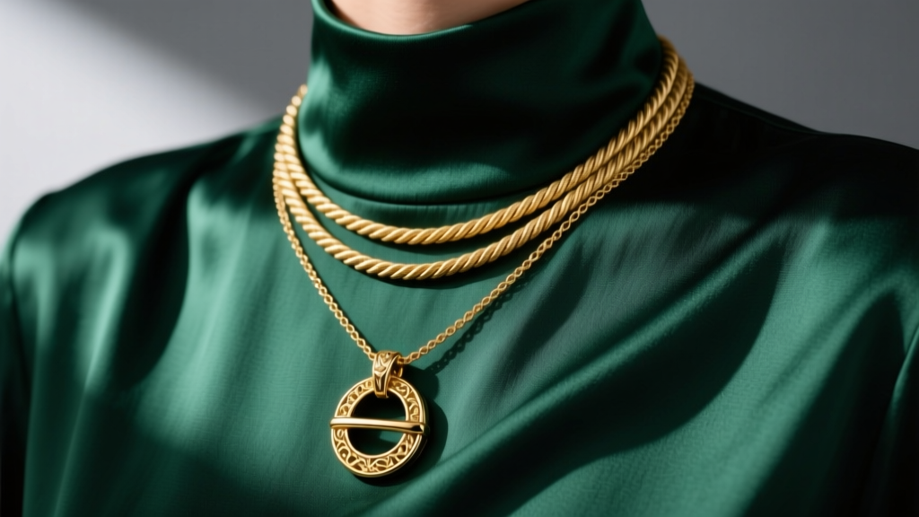 Gold layered necklace with a thick signet ring pendant on a rope chain resting elegantly against a dark green silk blouse collar.
