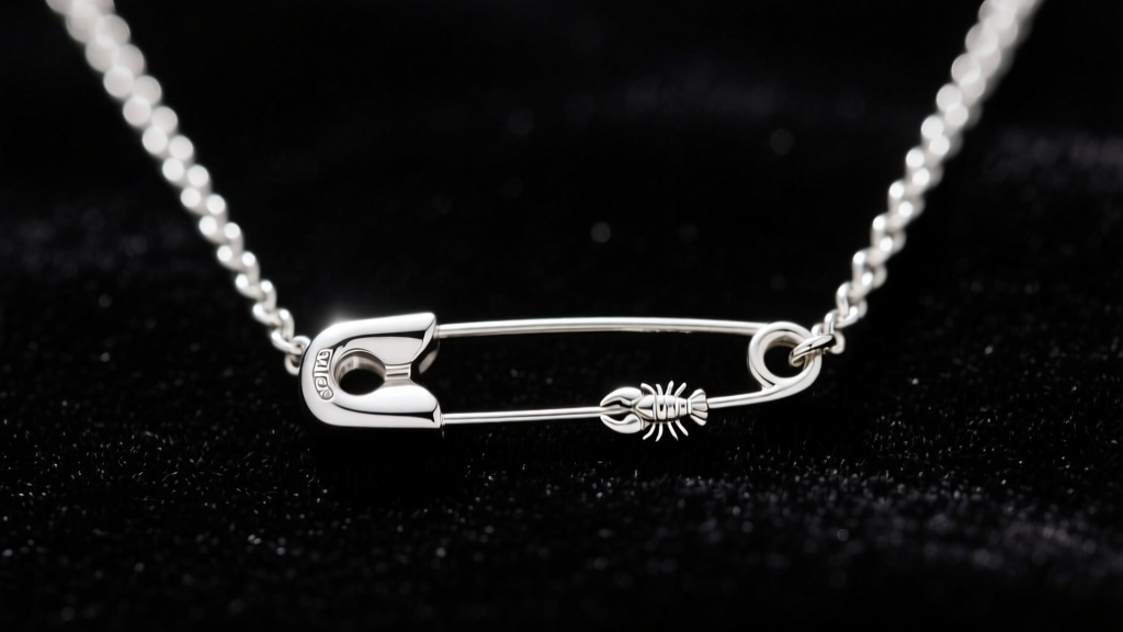Close-up of a 925 sterling silver safety pin necklace on black velvet, highlighting the 18-gauge wire and silver lobster clasp.