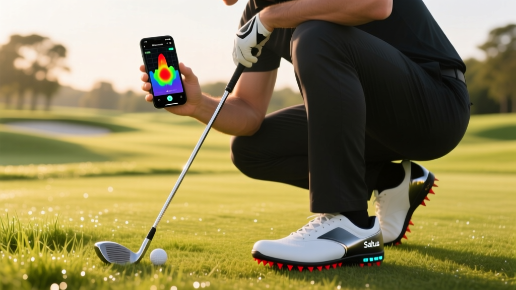 Golfer checking pressure heat maps on a phone app while wearing Saltus smart insoles inside spiked shoes on the practice green.