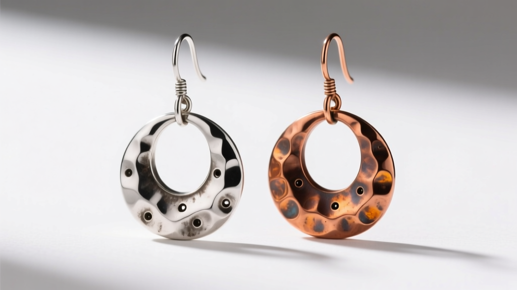 Silver and copper Nepali dangle earrings side-by-side highlighting distinct metal patinas and hand-hammered textures