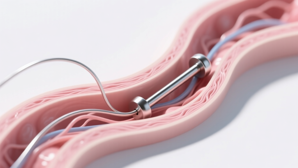 Medical diagram showing thin wire migrating through navel tissue versus a stable 14-gauge curved barbell under bright lighting.