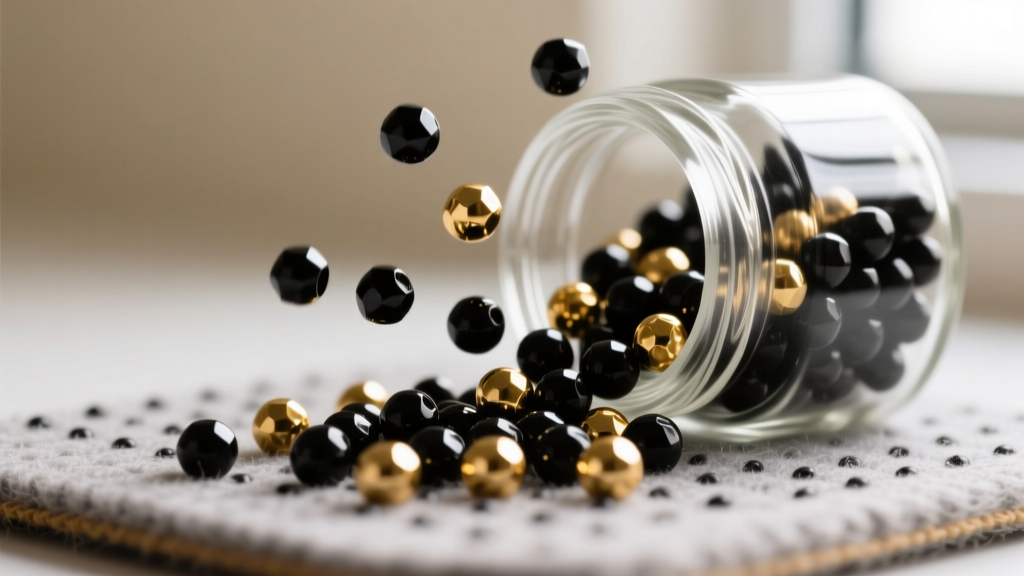 Close-up macro shot of 11/0 Miyuki Delica beads in matte black and metallic gold spilling from a glass jar onto a felt beading mat