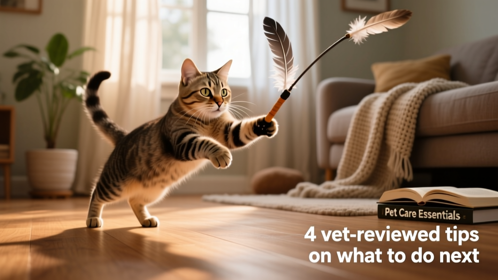Cat actively playing with a feather wand toy under soft indoor lighting
