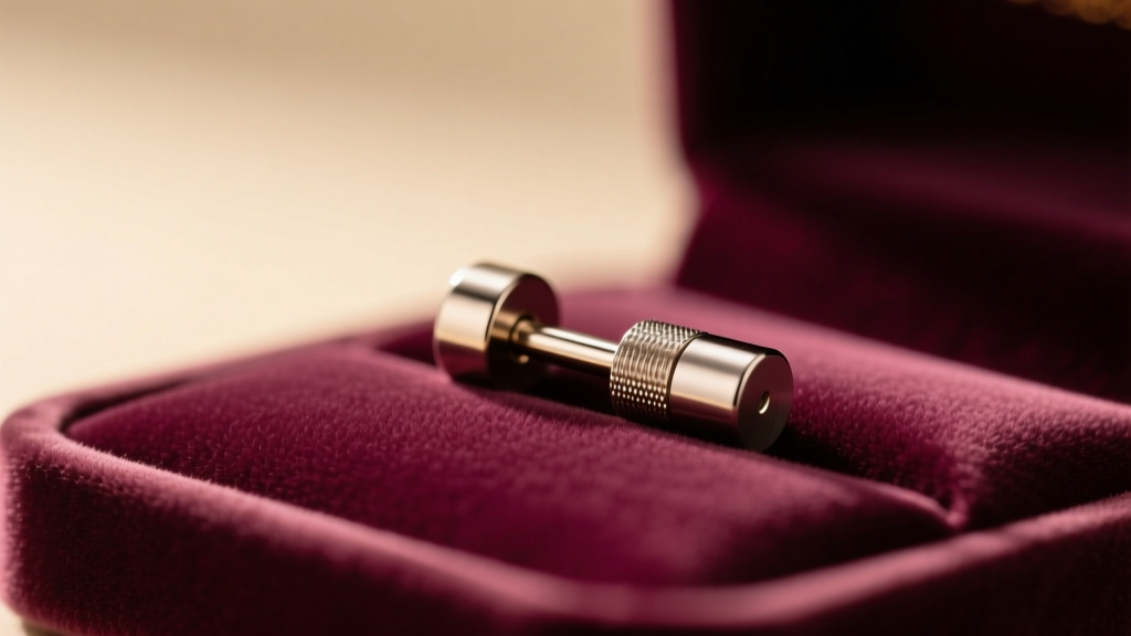 Close-up of a minimalist implant-grade titanium earring post resting on a soft velvet jewelry tray under warm studio lighting.