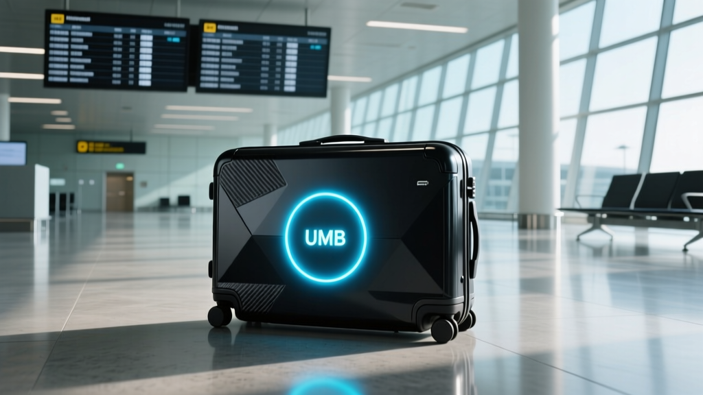 Graphene smart suitcase with glowing UWB tracking ring in a modern minimalist airport terminal with digital departure boards