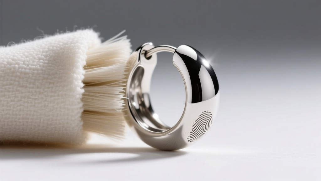 Close-up of a microfiber cloth gently buffing a sterling silver dome hoop earring to remove light oxidation and fingerprints.