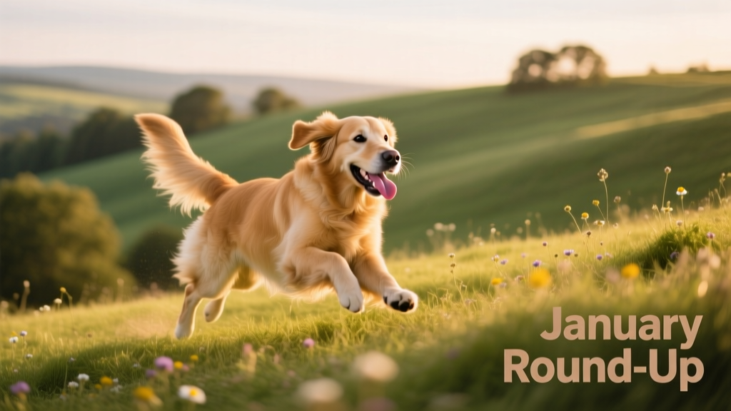 A vibrant photo of a golden retriever mid-zoomies on a grassy hill, tail flying and tongue lolling, captured in golden-hour light