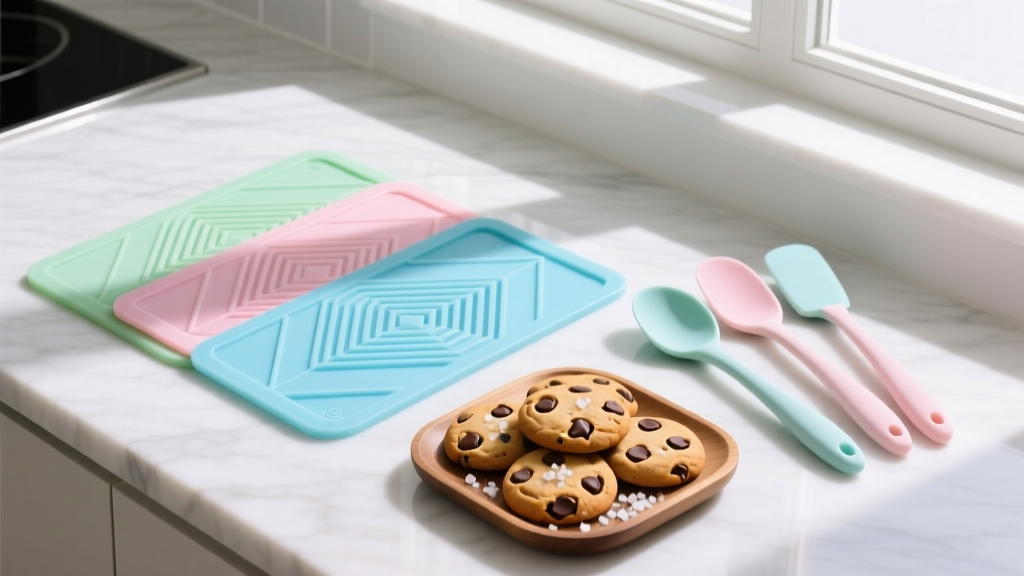 Overhead shot of marble countertop displaying vibrant silicone baking mats, pastel silicone spatulas, and freshly baked chocolate chip cookies