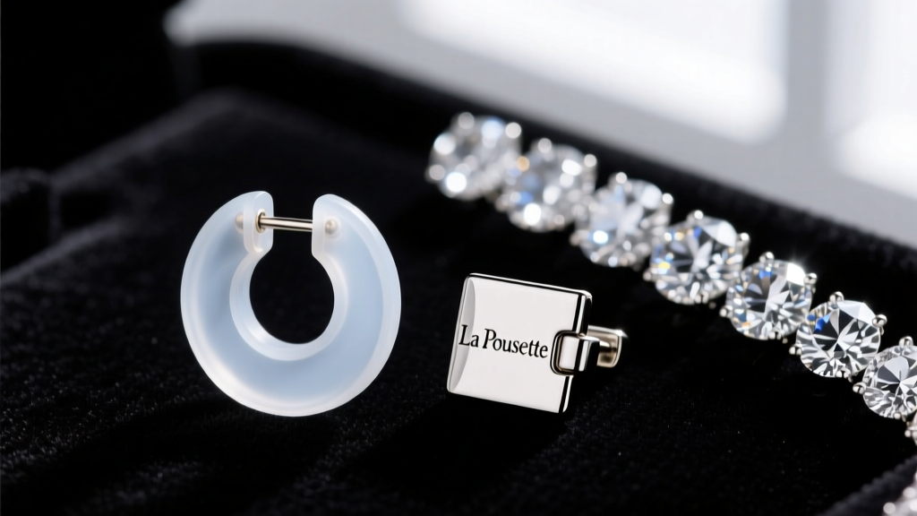 Macro shot of a clear silicone earring lifter disc and a metal La Pousette locking back on dark velvet next to diamond jewelry