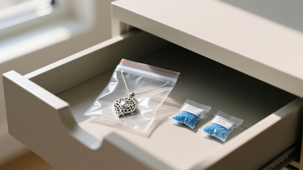 Organized jewelry drawer showing a sealed anti-tarnish ziplock bag containing a silver pendant necklace next to silica gel packets