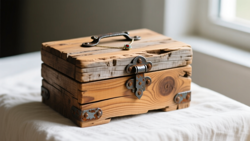 Close-up of a weathered reclaimed barn wood rustic jewelry box on linen cloth, showcasing natural grain and distressed iron hinges