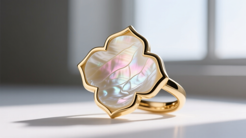 Macro shot of white mother of pearl nacre inside an 18k gold Alhambra bezel, showing warm undertones and natural grain patterns.
