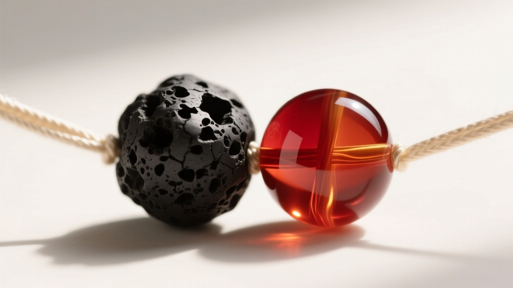 Macro photography comparing porous black lava rock bead next to translucent heat-treated red carnelian bead on silk thread