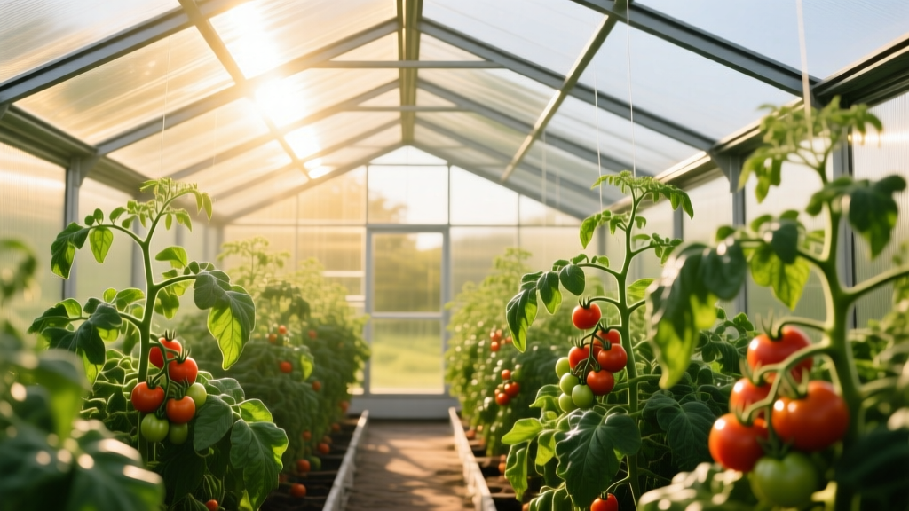 Sunlight filtering through a modern aluminum-framed greenhouse roof made of twin-wall polycarbonate panels, illuminating lush green tomato plants inside
