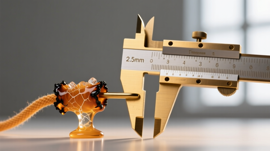 Detailed view of a melted nylon cord end stopper next to a brass caliper measuring its 2.5mm diameter, soft warm lighting
