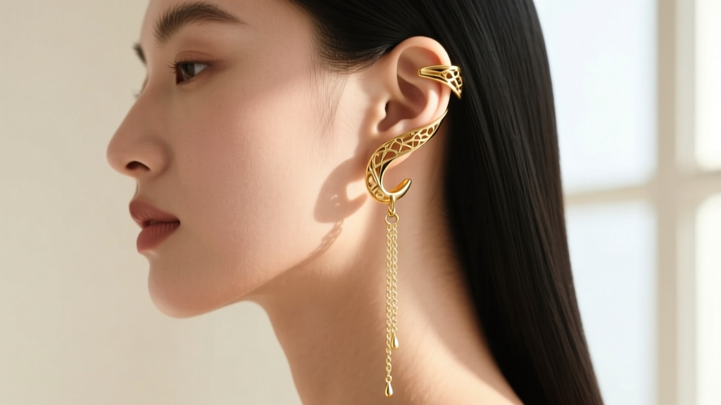 Side profile showcasing a modern ear-jacket hybrid gold dangle earring wrapping the lobe with a delicate cascading chain element