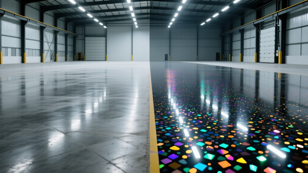 Split-view warehouse floor showing diamond-ground polished concrete on the left and high-gloss flake epoxy on the right under LED lighting