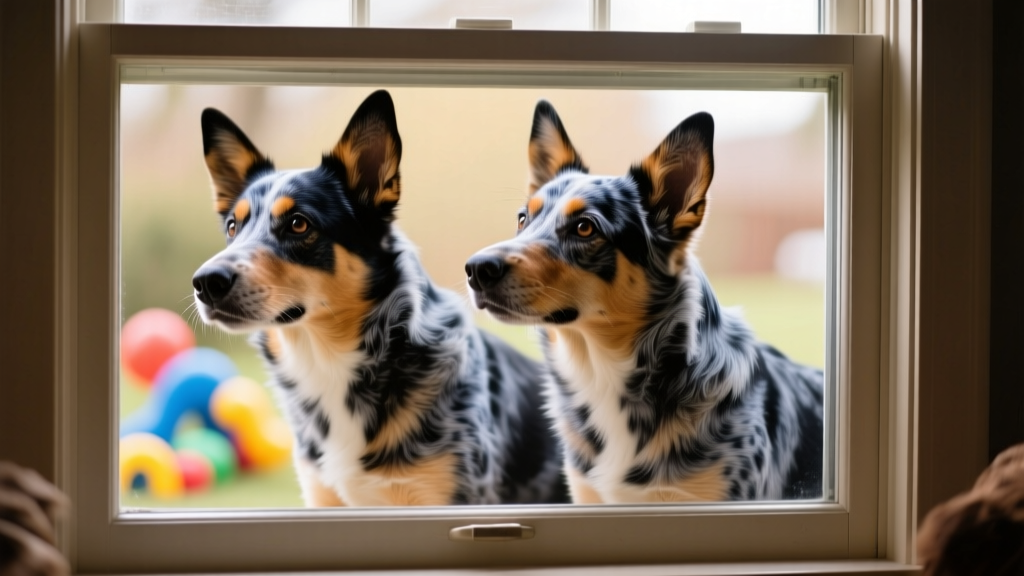 two blue heeler australian shepherd mixes looking out window