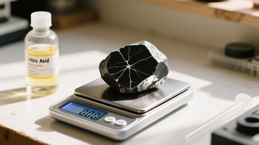 Workbench featuring a digital scale, a bottle of nitric acid test solution, and a heavily scratched black silver testing stone.