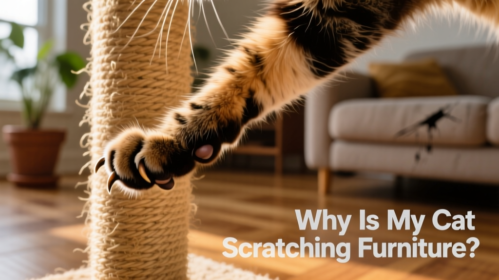 Close-up of a cat’s paw mid-scratch on a sisal scratching post