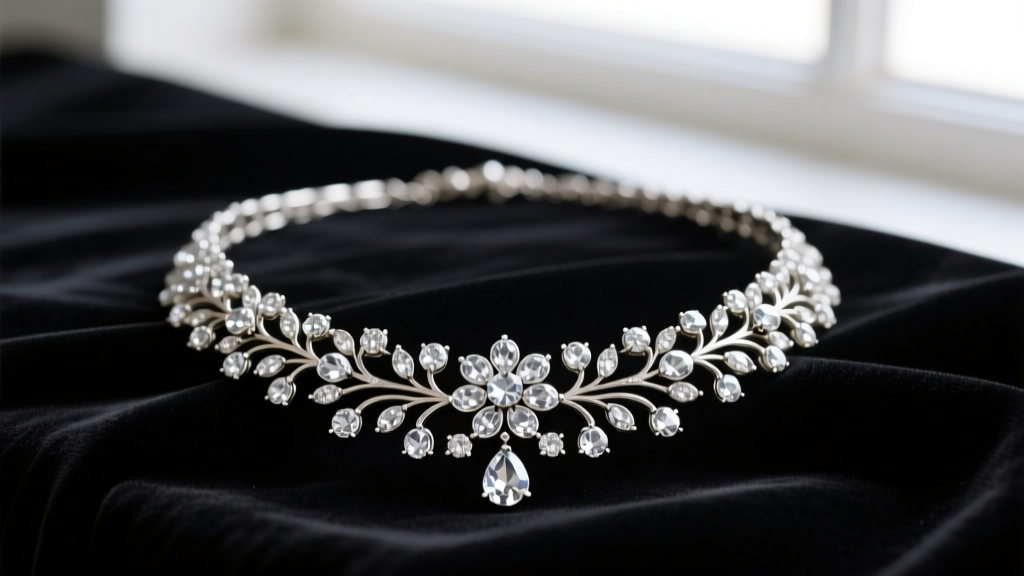 Vintage Eisenberg Ice rhinestone necklace with intricate floral metalwork and brilliant round stones resting on dark velvet fabric.