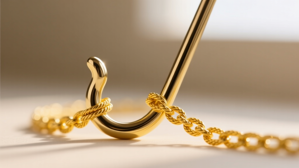 Macro shot of an 18-gauge solid brass wire hook holding a delicate 14k gold rope chain, showing the smooth polished metal finish
