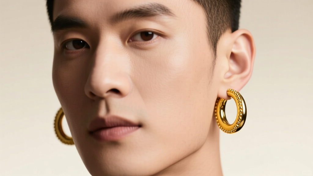 Close-up of a man wearing two matching 18k yellow gold huggie hoops in both earlobes under soft studio lighting.