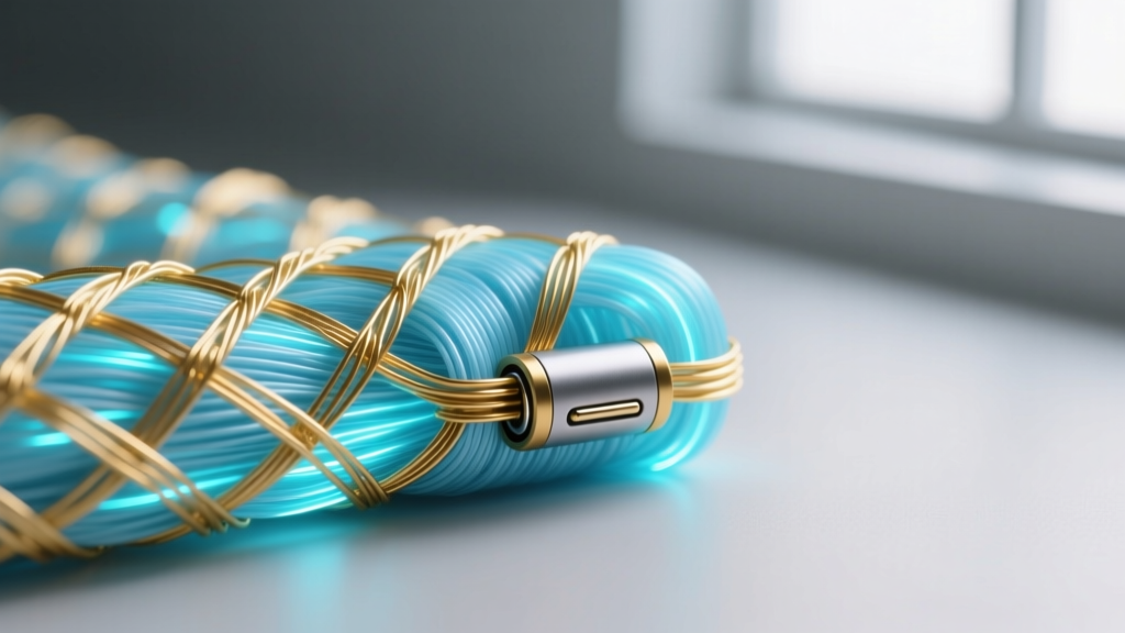 Macro shot of woven fiber-optic threads integrated with 14k gold wire, emitting a soft cyan glow from a hidden battery clasp.