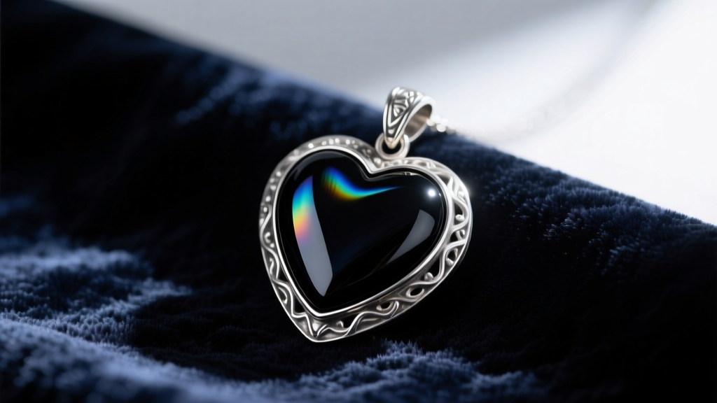 Polished black obsidian heart pendant in a thick oxidized sterling silver bezel setting, resting on dark crushed velvet fabric.