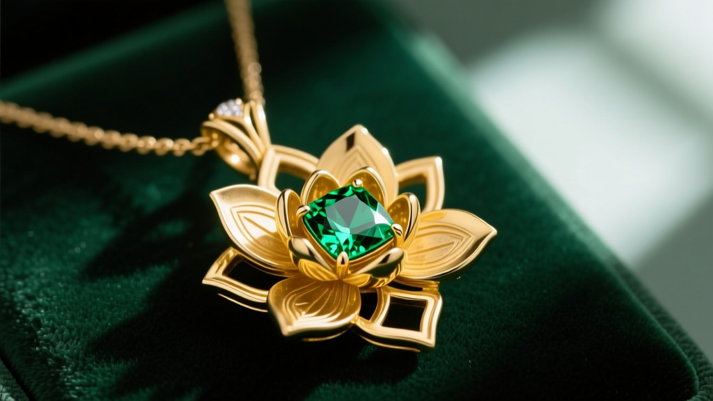 Close-up of an 18k yellow gold Art Deco water lily pendant necklace with a tsavorite garnet, resting on dark green velvet.
