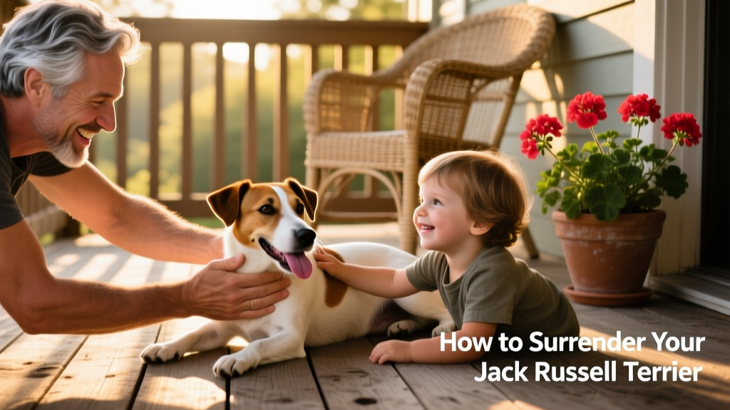Two hands—one belonging to a smiling adult, the other to a child—gently petting a relaxed Jack Russell Terrier on a sunlit porch