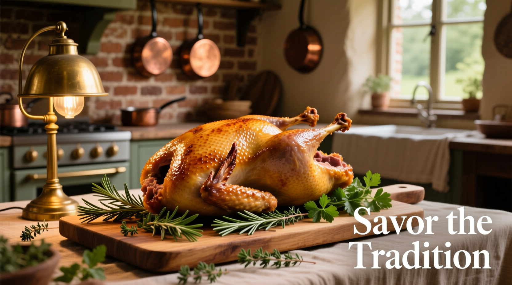 Roasted goose with crispy skin and herb garnish