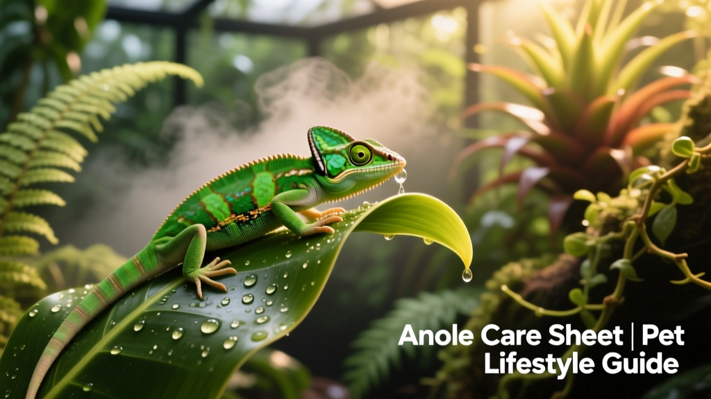 Close-up of a green anole drinking water droplets from a broad leaf in a lush, humid terrarium with visible misting residue