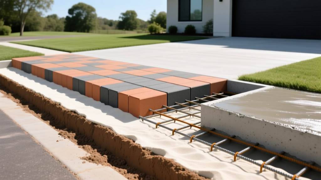 Driveway cutaway showing compacted road base, bedding sand, and concrete pavers next to a rebar-reinforced poured concrete slab