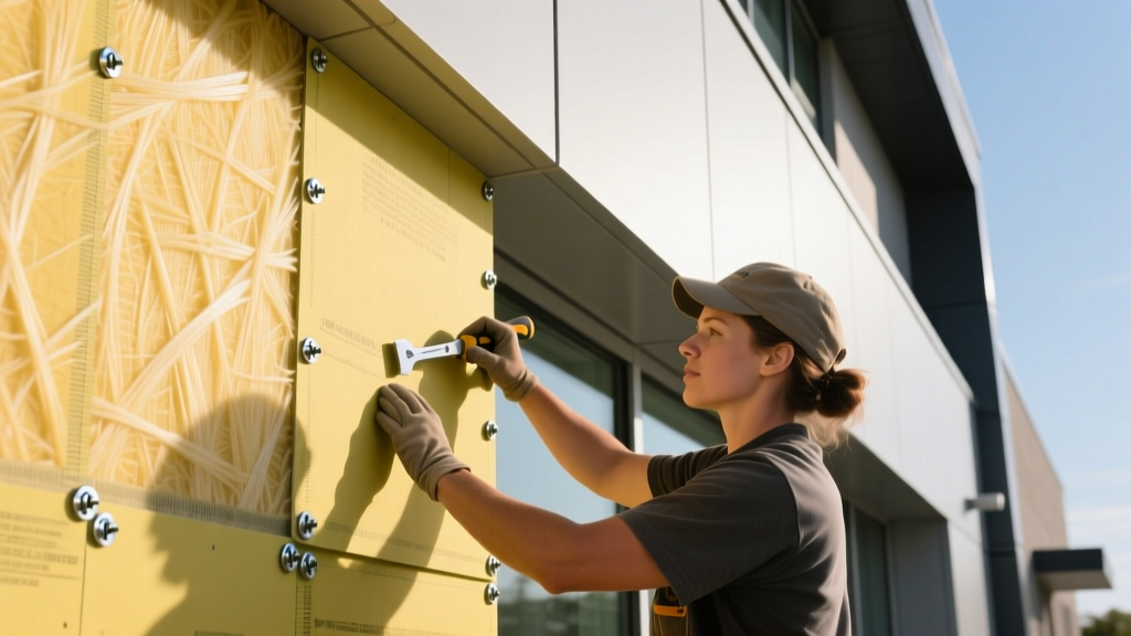 Contractor installing fiberglass gypsum sheathing on commercial exterior, showing yellow mat texture and coated screws
