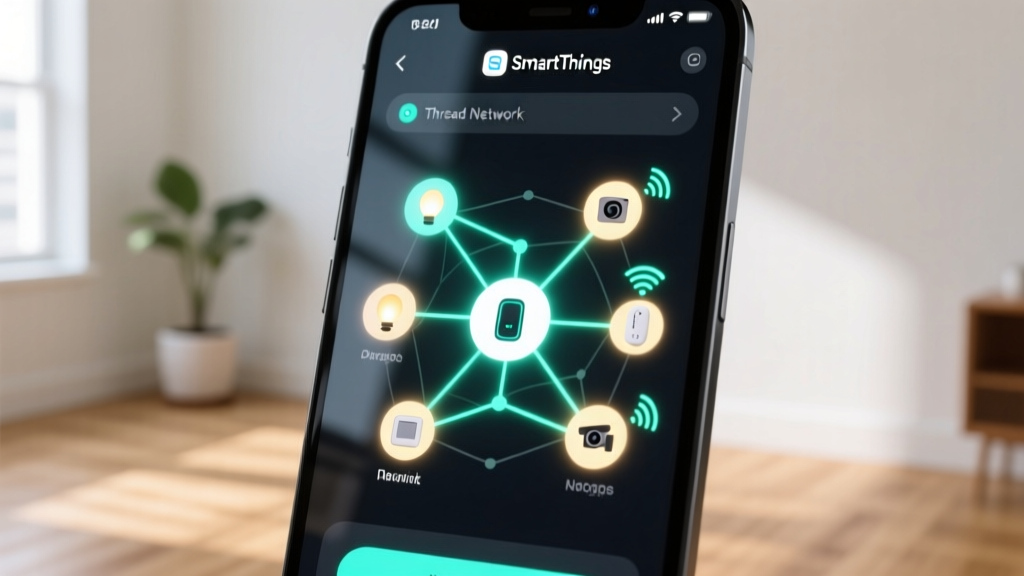 Close up of a smartphone screen showing the SmartThings app device pairing interface with a Thread network topology map