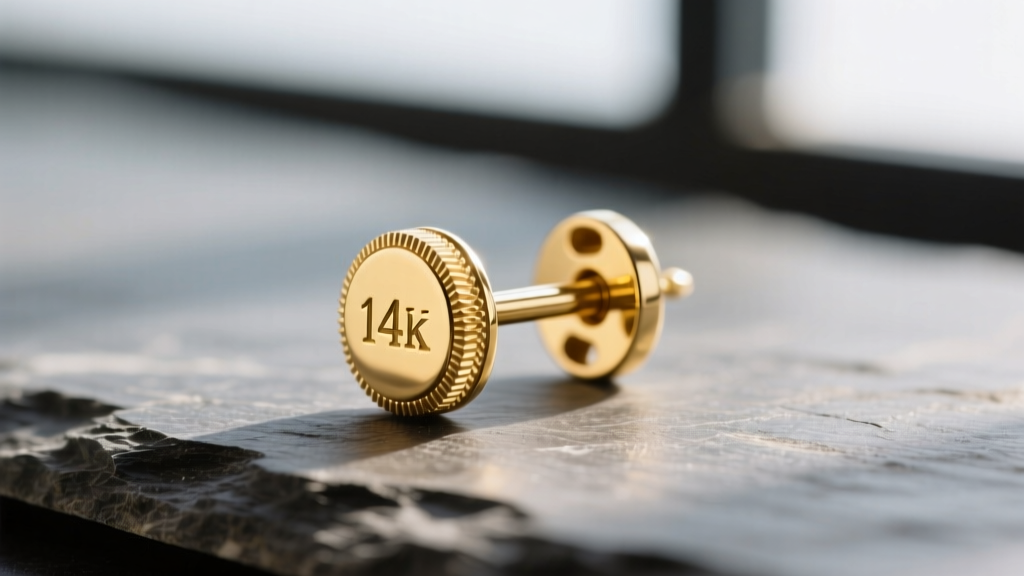 Macro shot of a 14k yellow gold earring post on slate, highlighting the metal grain and precise threading for friction backs.