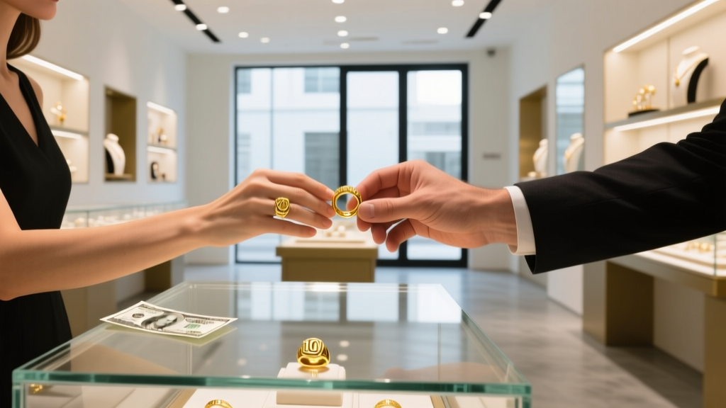 Hands exchanging cash for a 10k yellow gold signet ring across a glass display case in a bright, modern jewelry and pawn store.