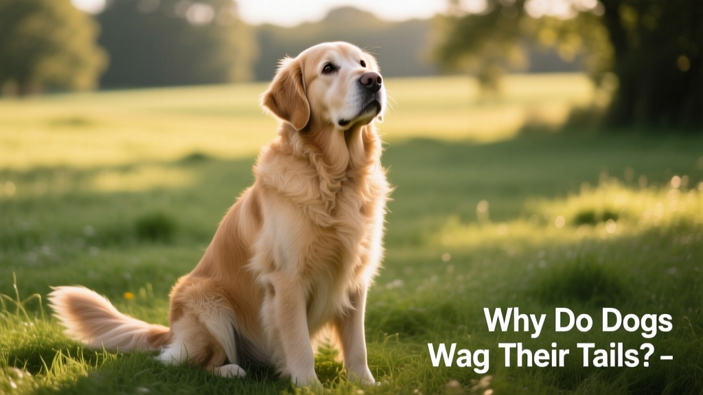An elderly Golden Retriever sitting attentively on green grass, tail wagging softly while looking up