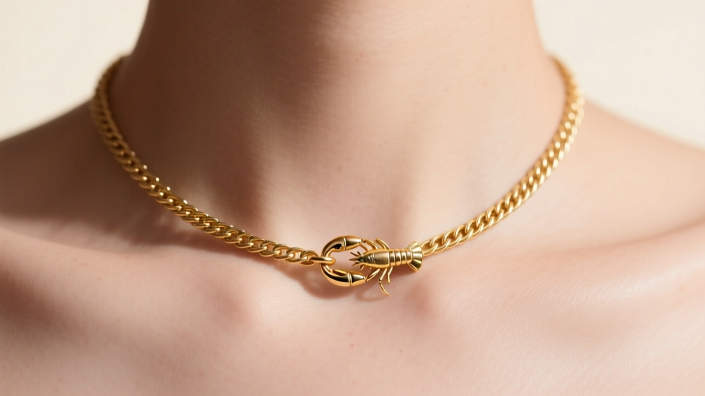 Delicate 14k solid gold cable chain resting on a collarbone, showcasing a tiny lobster clasp under soft, warm studio lighting