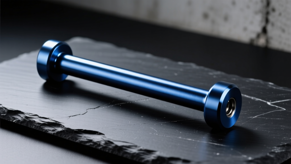 Macro shot of an anodized dark blue 14-gauge titanium industrial barbell resting on matte black slate under sharp studio lighting