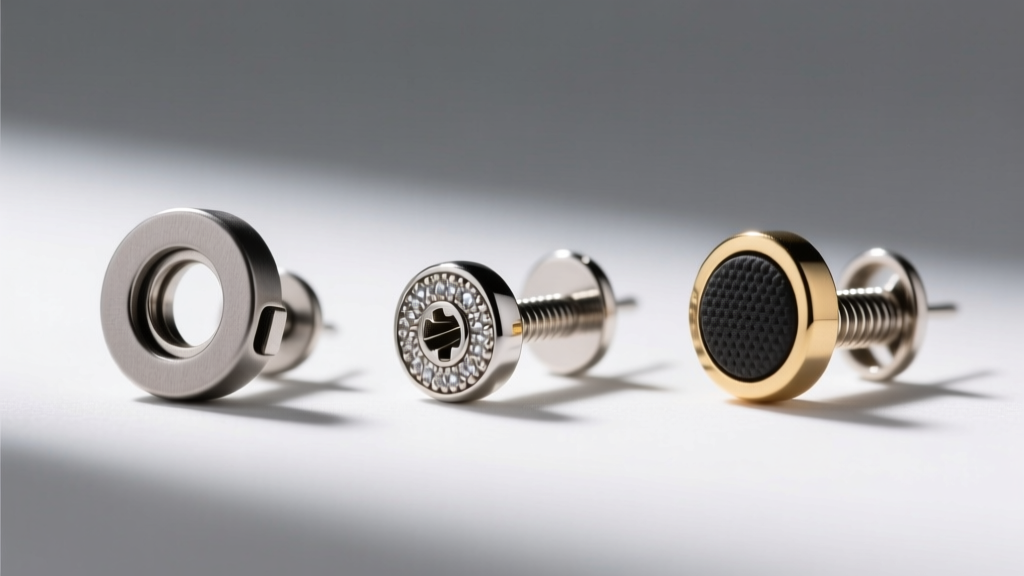 Side-by-side macro view of a standard friction clutch, a threaded screw-back, and a spring-loaded La Pousette earring backing.