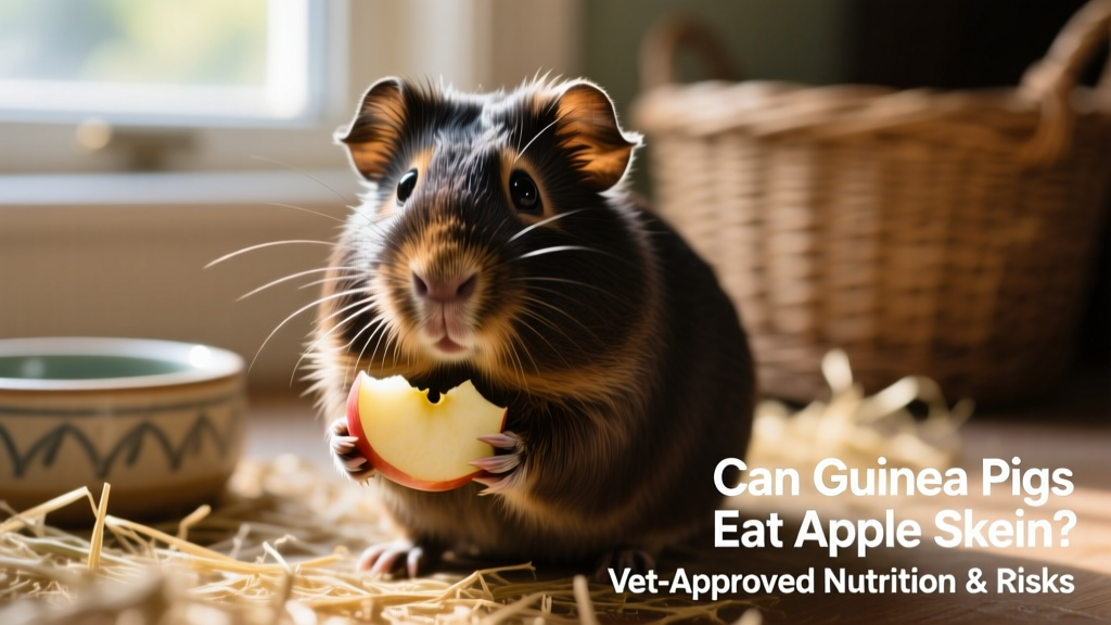 A guinea pig gently holding a small piece of apple skin with its front paws