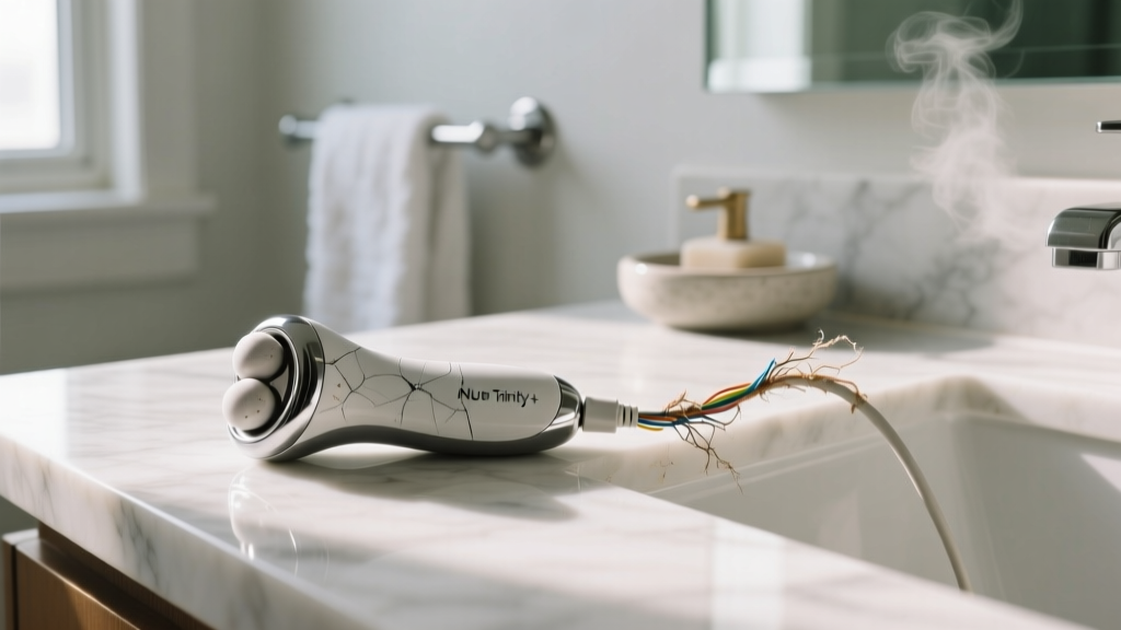 Scratched NuFACE Trinity+ device next to a frayed charging cable on a marble bathroom counter showing daily wear.