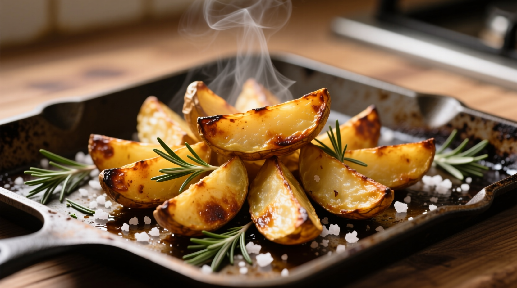 Golden crispy roasted potato wedges on baking sheet