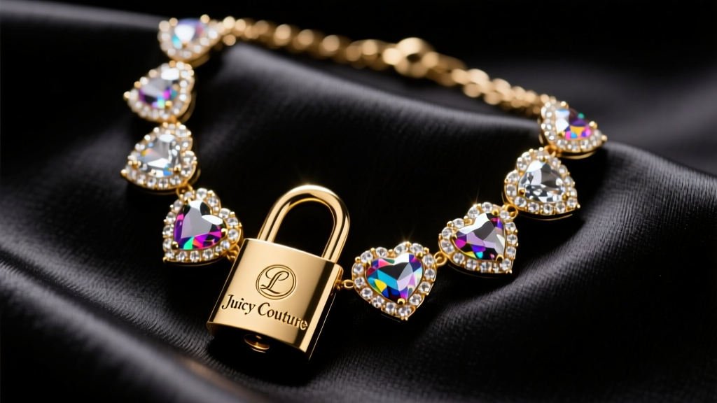 Close-up of a vintage gold-plated Juicy Couture padlock necklace with crystal heart details resting on black silk fabric.
