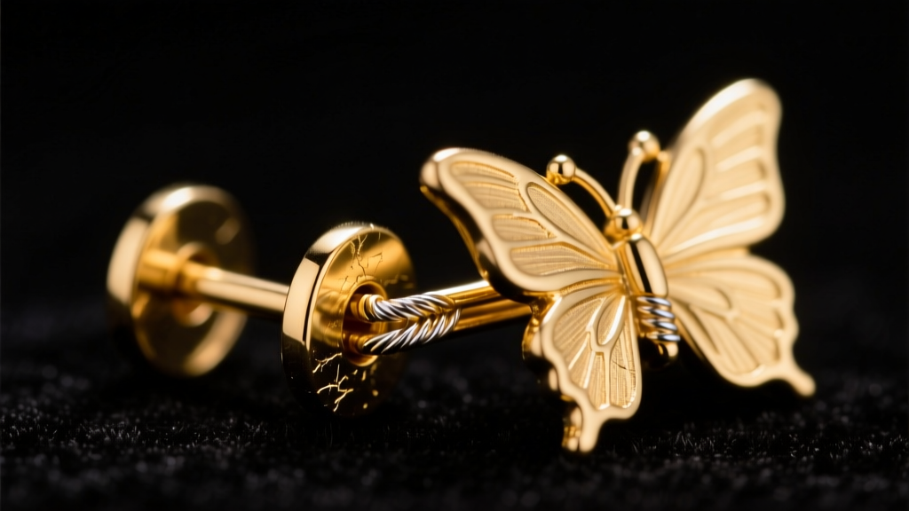 Macro shot of a gold-plated earring post and butterfly clutch, highlighting the solder joint and metal finish on dark background