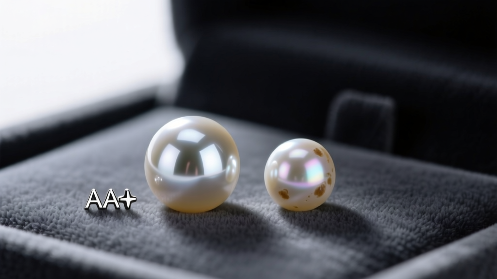 Macro shot of a 2mm AAA micro pearl with mirror luster beside a 4mm AA+ pearl with subtle blemishes on dark grey velvet.