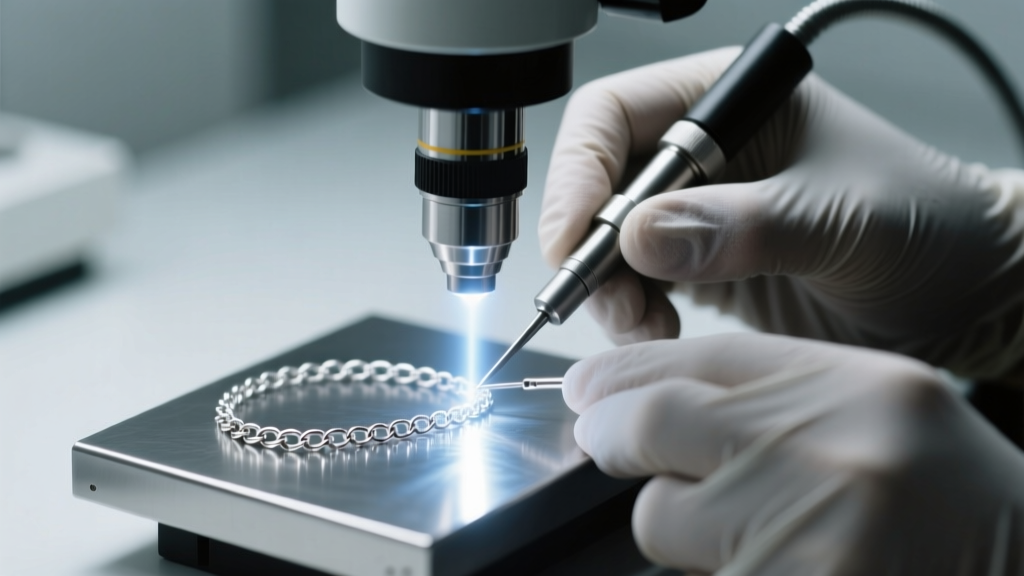 Jeweler using a laser welder to fix a platinum chain link under a microscope, bright beam illuminating the metal surface